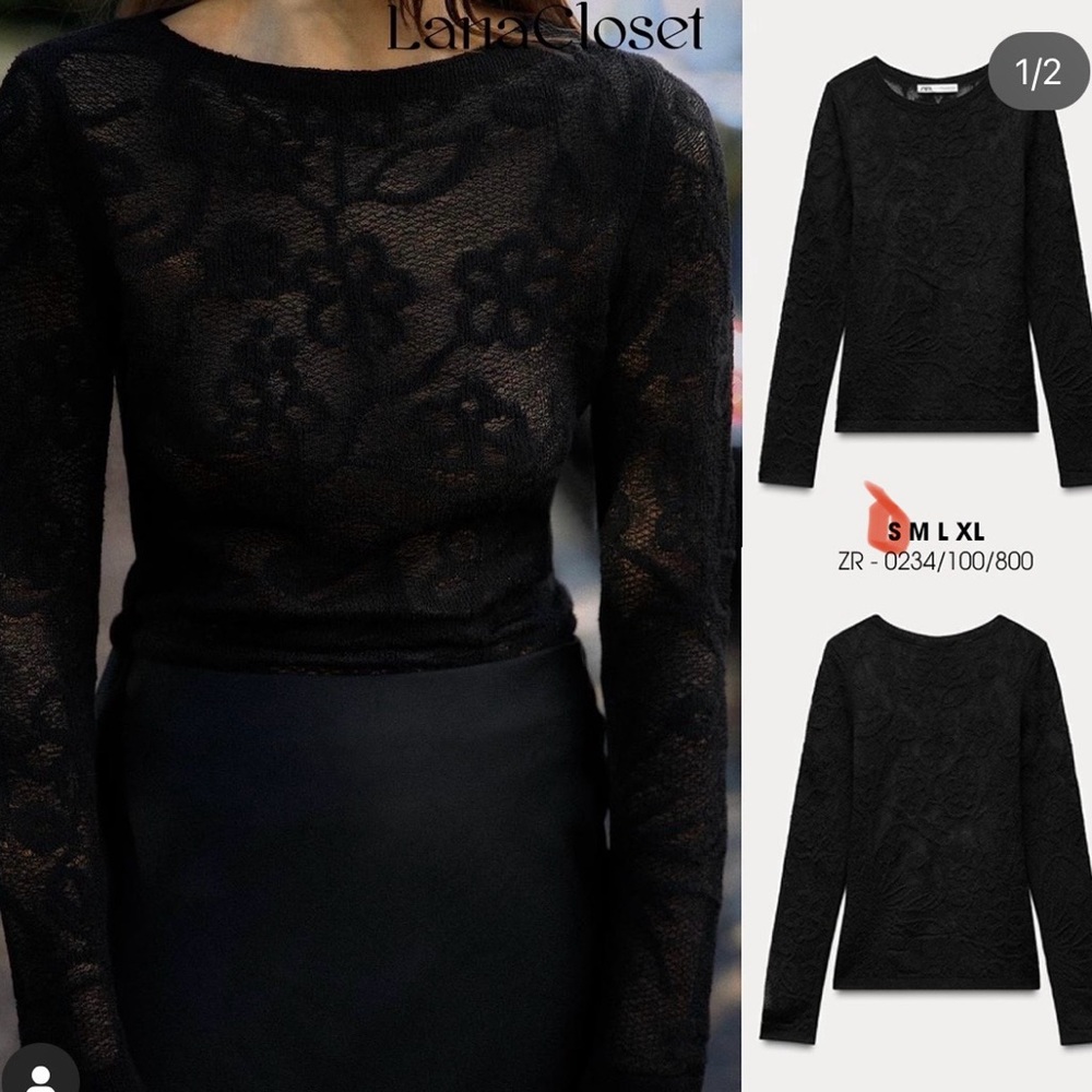 Zara Knit Semi Sheer Black Lace Top Art 0234/100/800